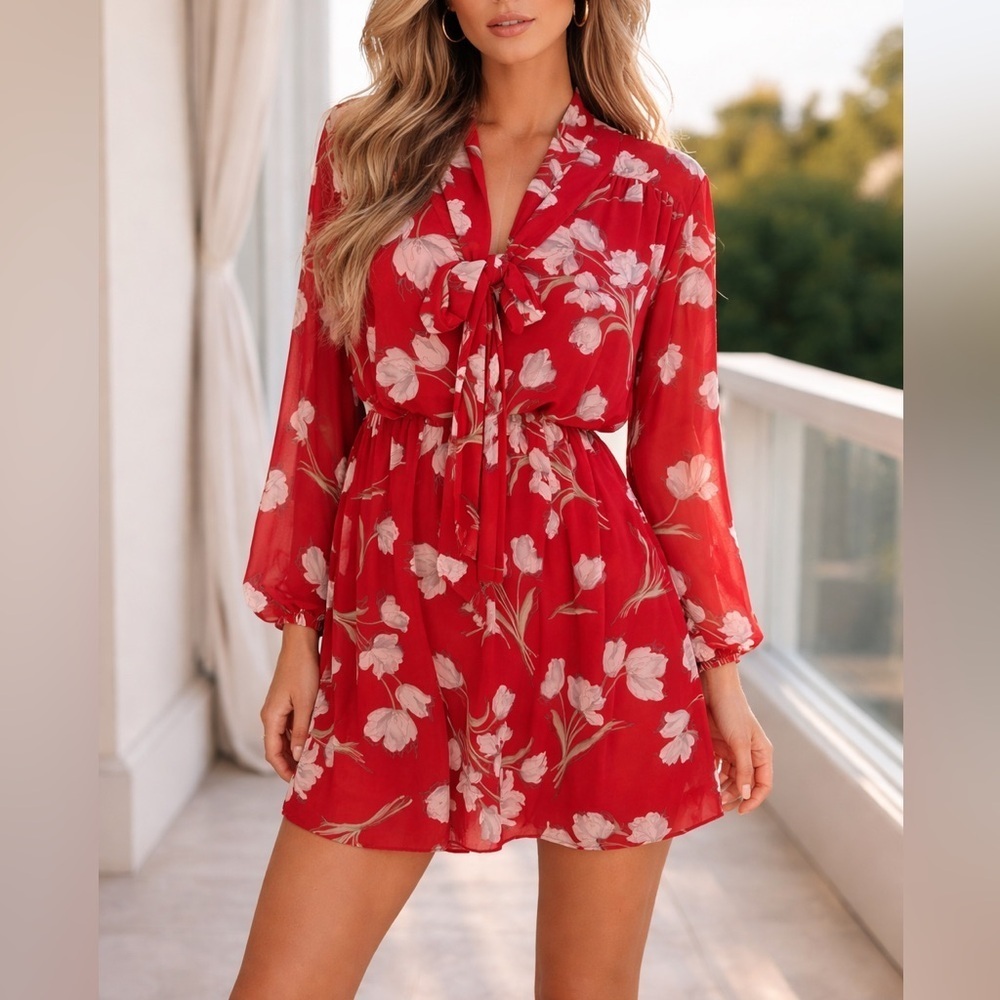 Maitai Red Floral Chiffon Dress Tie Neck Long Sleeve (1151-2X-2-3X-2)